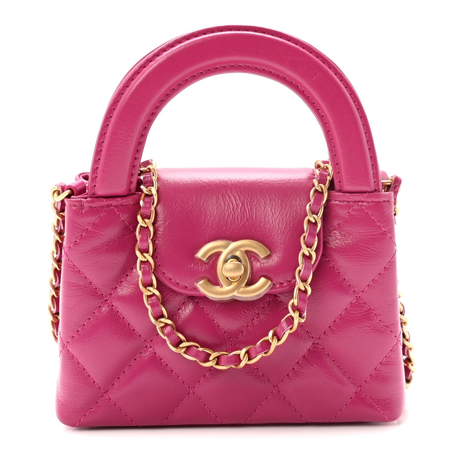 Chanel Shiny Aged Calfskin Quilted Mini Nano Kelly Shopper Dark Pink