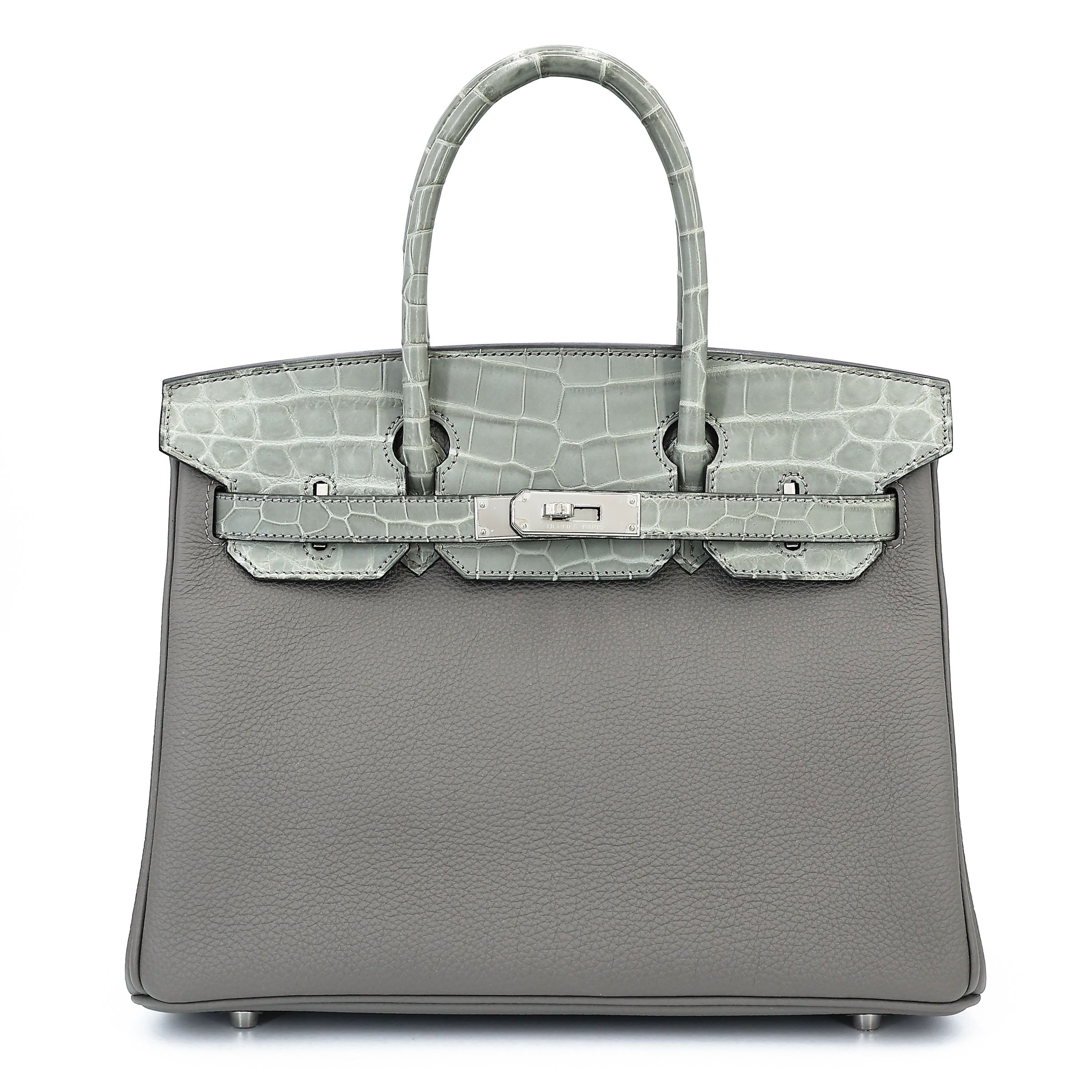 Hermes Excellent ( Rank SA ) HERMÈS Birkin 30 touch Gris Meyer (0L) Gris Ciment (0V) Togo Matte Niloticus Crocodile Palladium hardware B (2023)