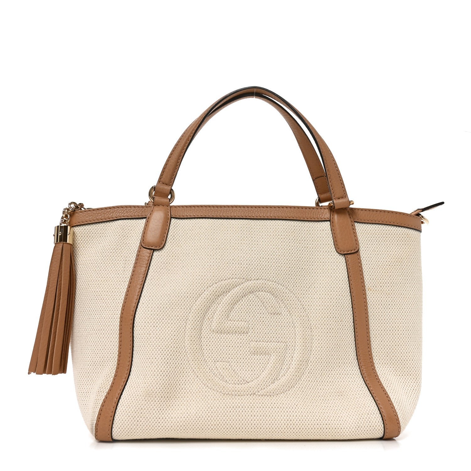 Gucci Linen Canvas Pebbled Calfskin Small Soho Top Handle Bag White Camelia