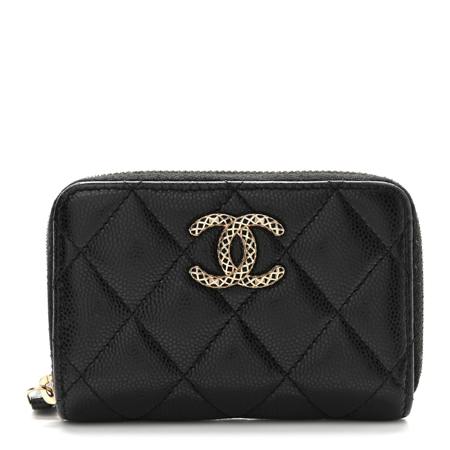 Chanel Caviar Quilted Textured CC Zip Around Coin Purse Black