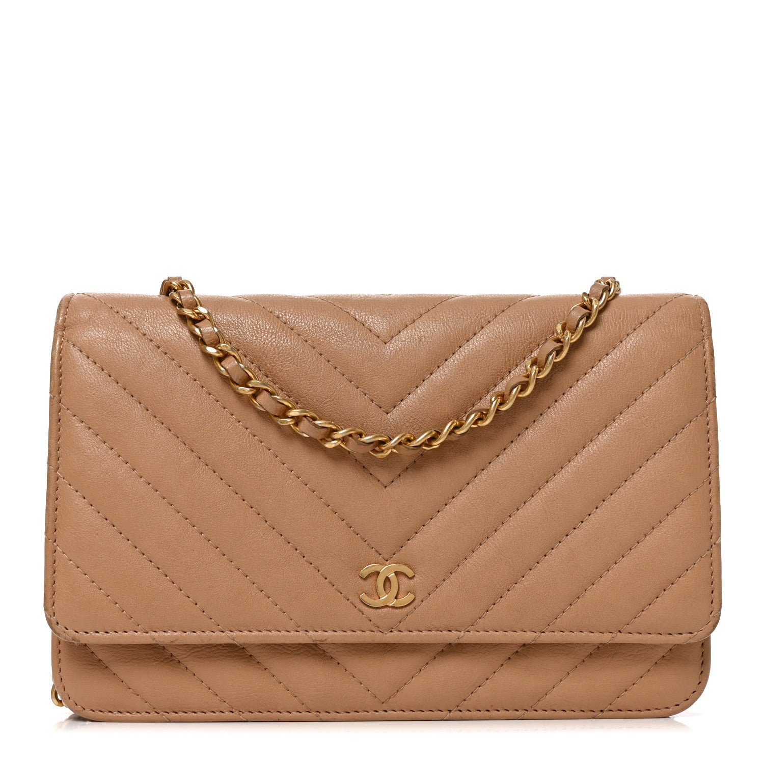 Chanel Calfskin Chevron Quilted Wallet On Chain WOC Beige