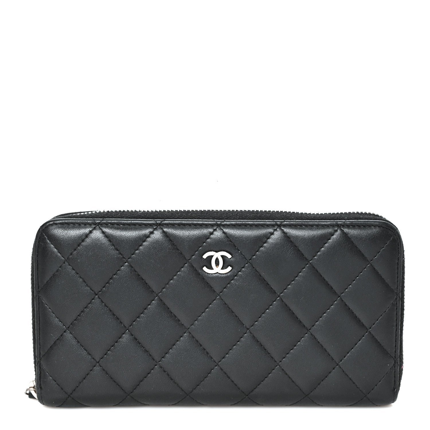 Chanel Lambskin Quilted Large Gusset Zip Around Wallet Black