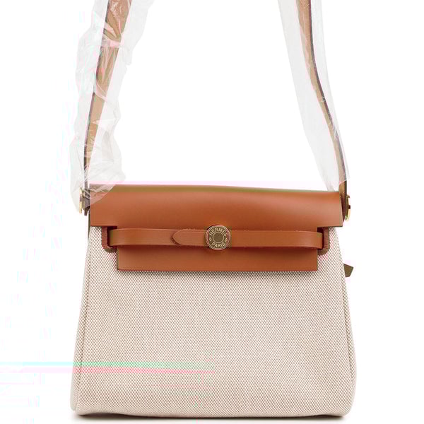 Hermes Hermes Herbag Zip 20 Mini Ecru and Beige Toile H Canvas and Fauve Vache Hunter Gold Hardware