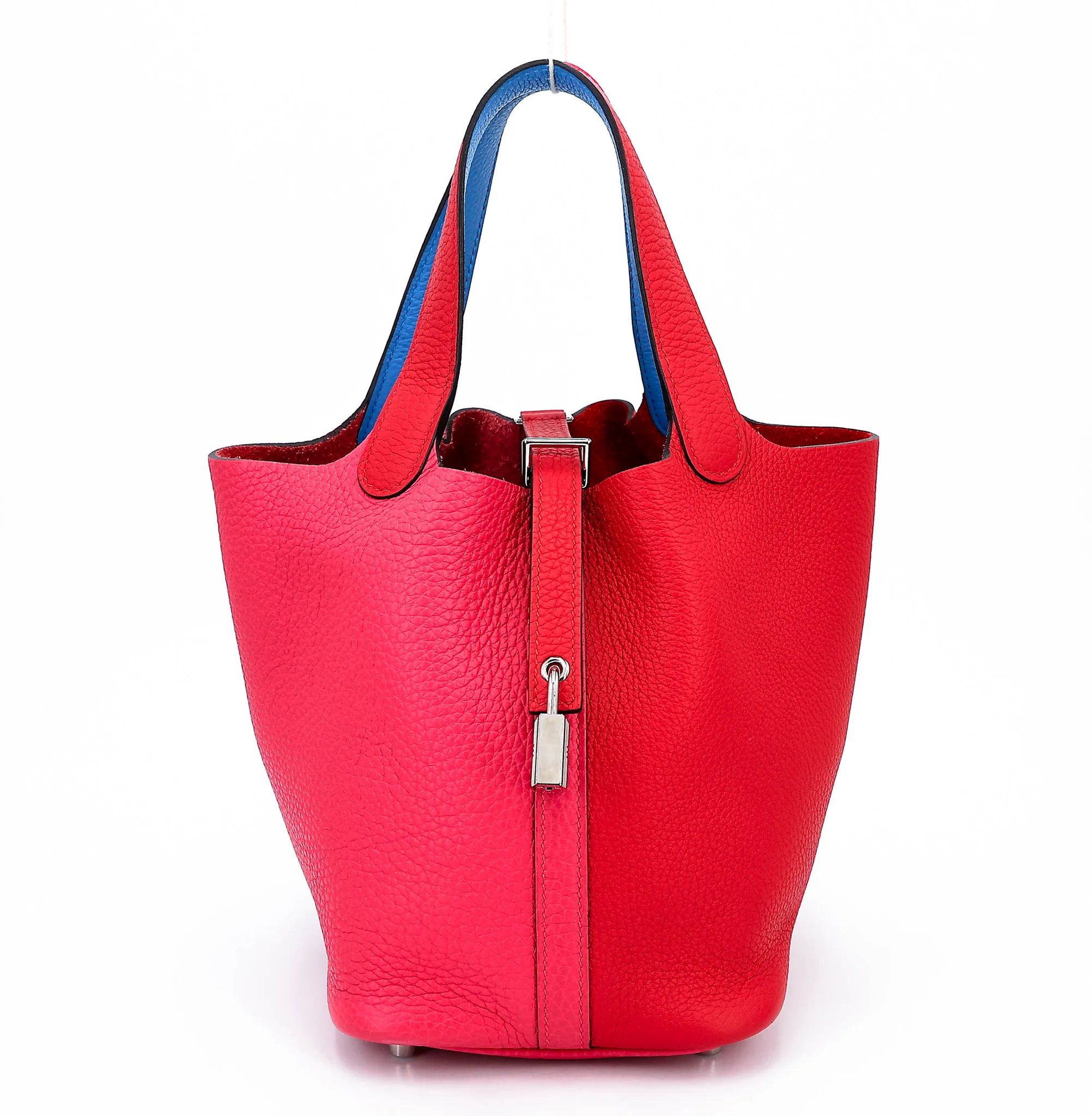 Very Good ( Rank A) HERMÈS Picotin Lock PM Rouge Rose Extreme (I6) Bleu Zanzibar (B3) Clemence Palladium hardware U (2022)