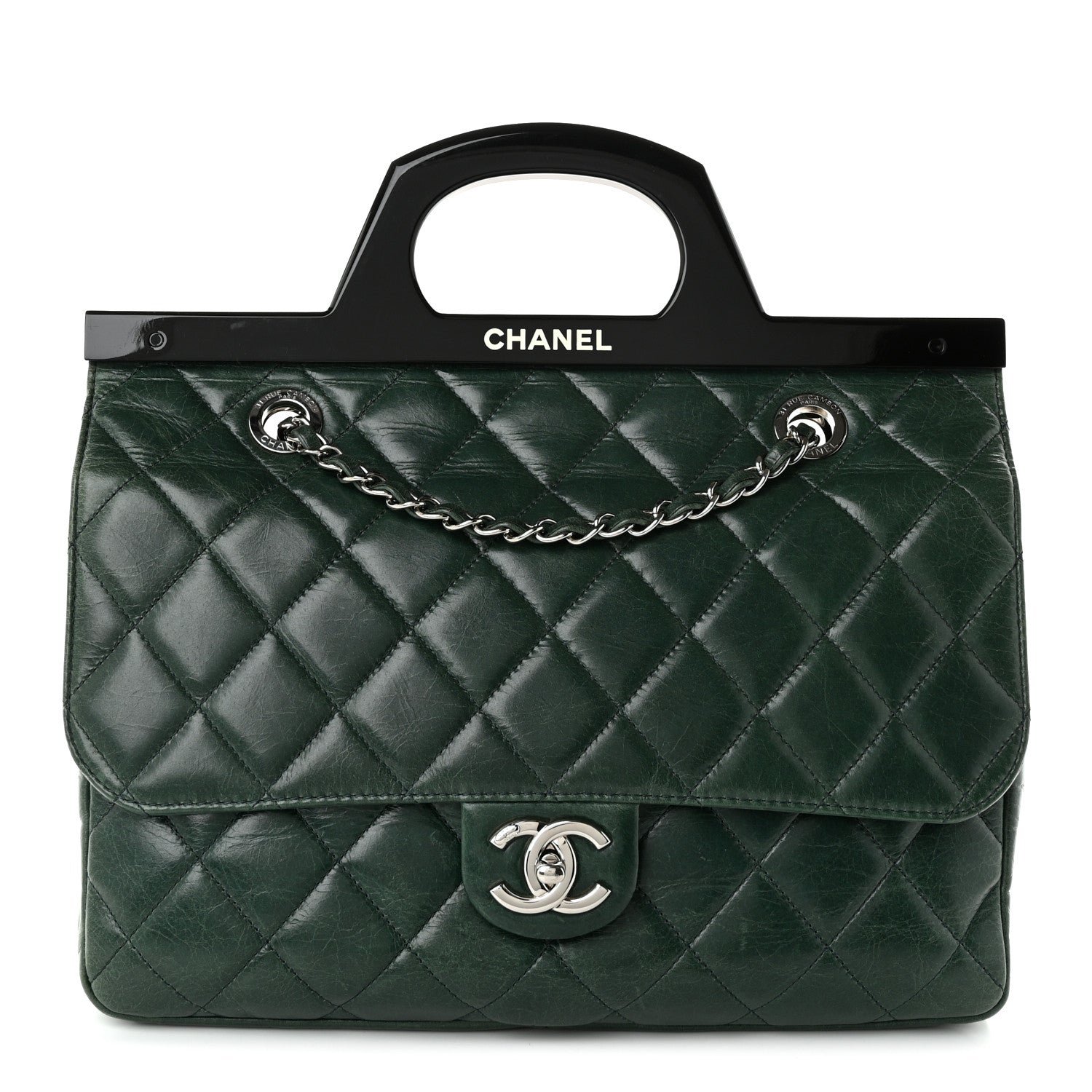 Chanel Glazed Calfskin Quilted Small CC Delivery Tote Dark Green