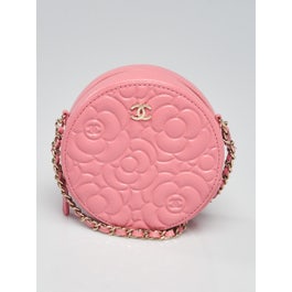 Chanel Pink Camellia Embossed Caviar Leather Round Clutch Bag