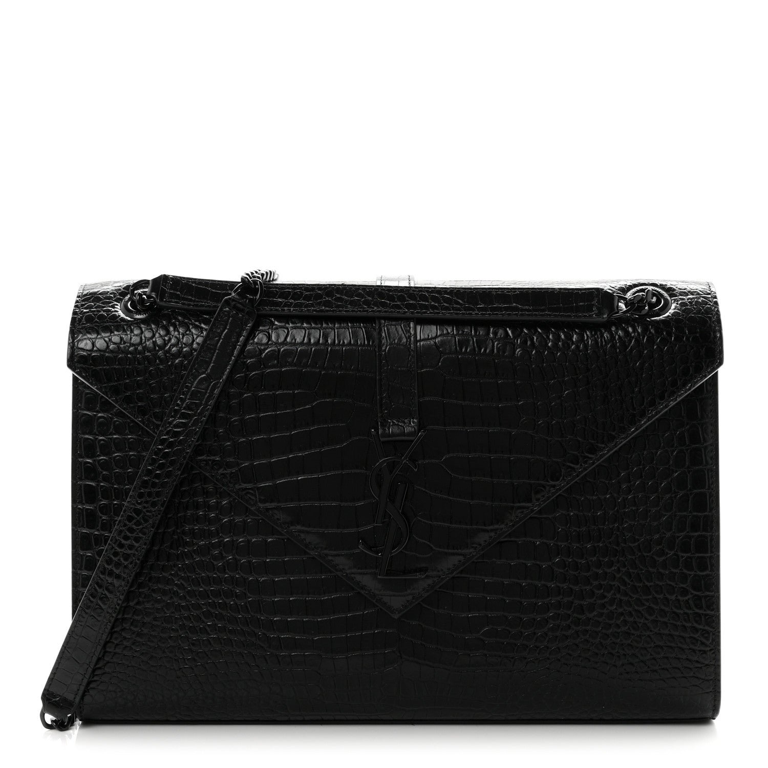 Saint Laurent Calfskin Crocodile Embossed Monogram Large Satchel Black