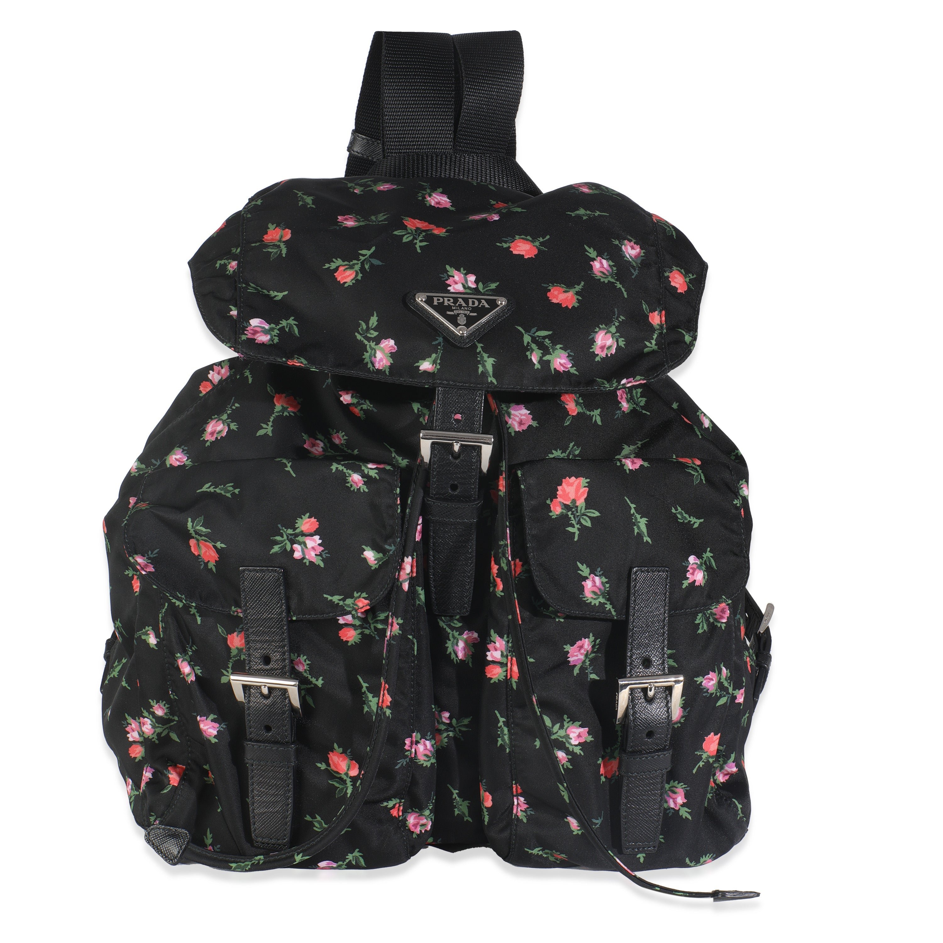 Prada Black Dis Rose Tessuto Nylon Saffiano Stampata Drawstring Backpack