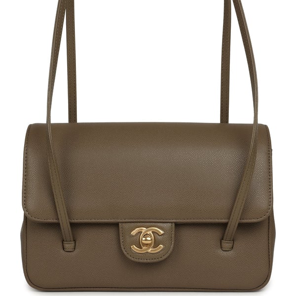 Chanel Small Preppy Coco Flap Bag Dark Khaki Shiny Caviar Brushed Gold Hardware