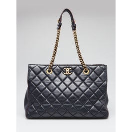 Chanel Dark Blue Quilted Lambskin Leather Perfect Edge Shopping Tote Bag