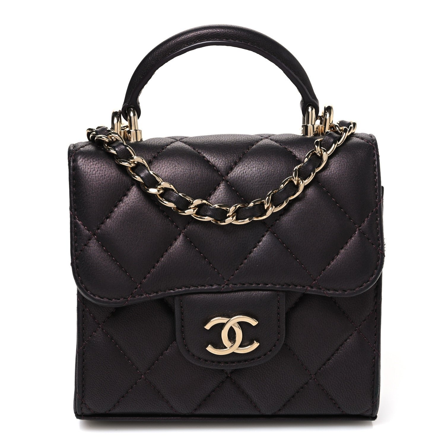 Chanel Iridescent Lambskin Quilted Top Handle Clutch With Chain Bordeaux