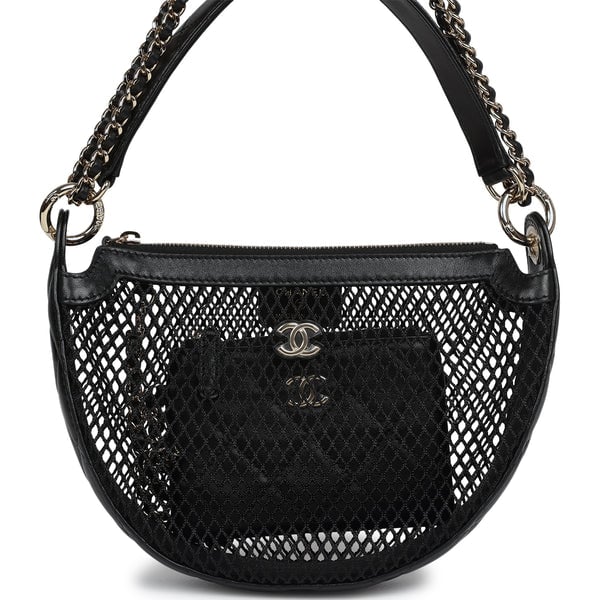 Chanel Round Clutch with Chain Black Mesh, Lambskin Light Gold Hardware