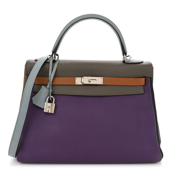 Hermes Taurillon Clemence Arlequin Kelly Retourne 32 Ultraviolet Etain Bleu Lin Bleu Orage Gold
