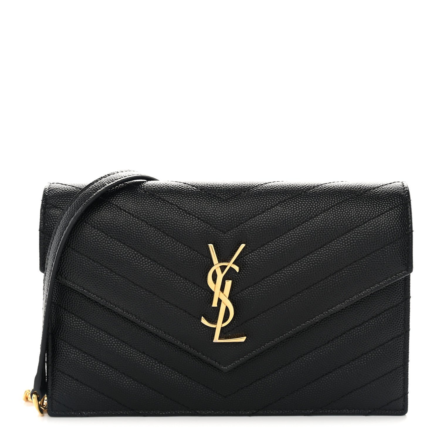 Saint Laurent Grain De Poudre Matelasse Chevron Monogram Envelope Chain Wallet Black