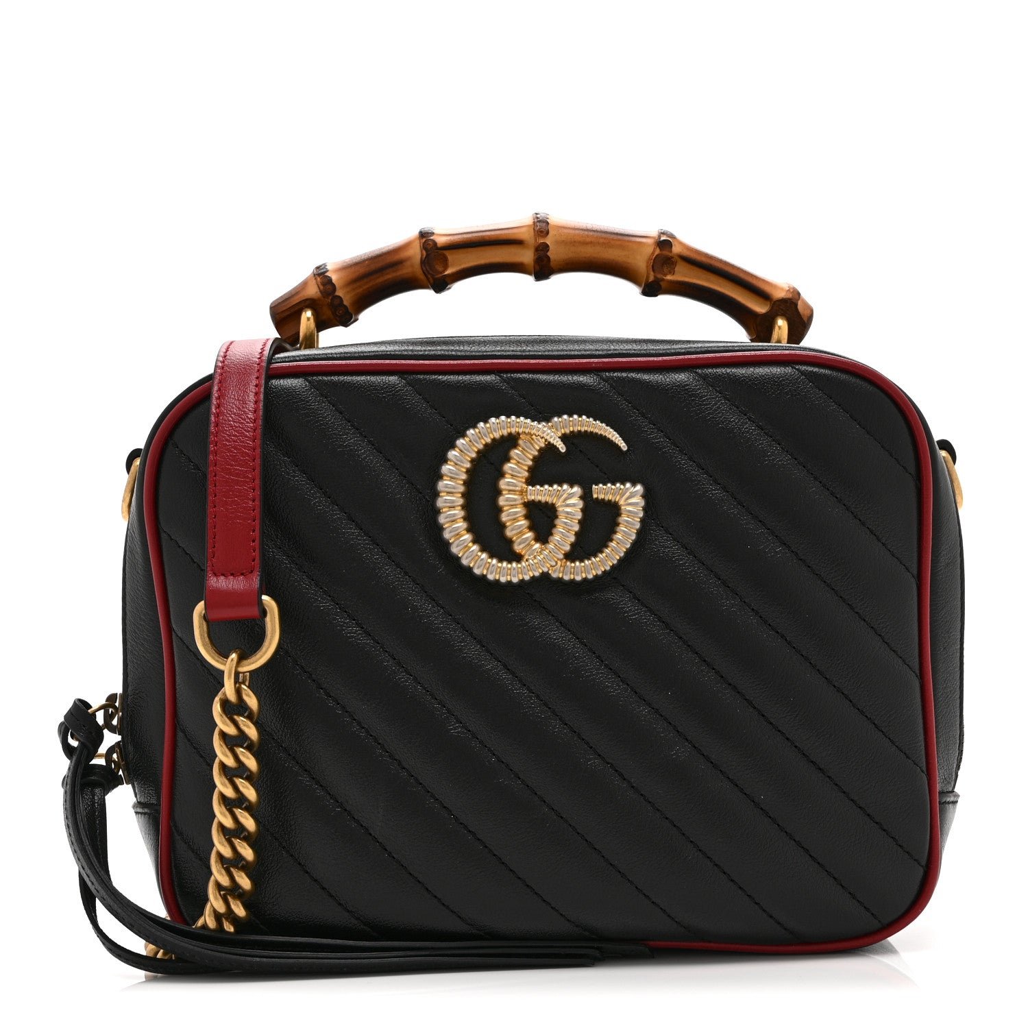 Gucci Vintage Effect Calfskin Matelasse Diagonal Small Torchon GG Marmont Bamboo Top Handle Shoulder Bag Black Romantic Cherry