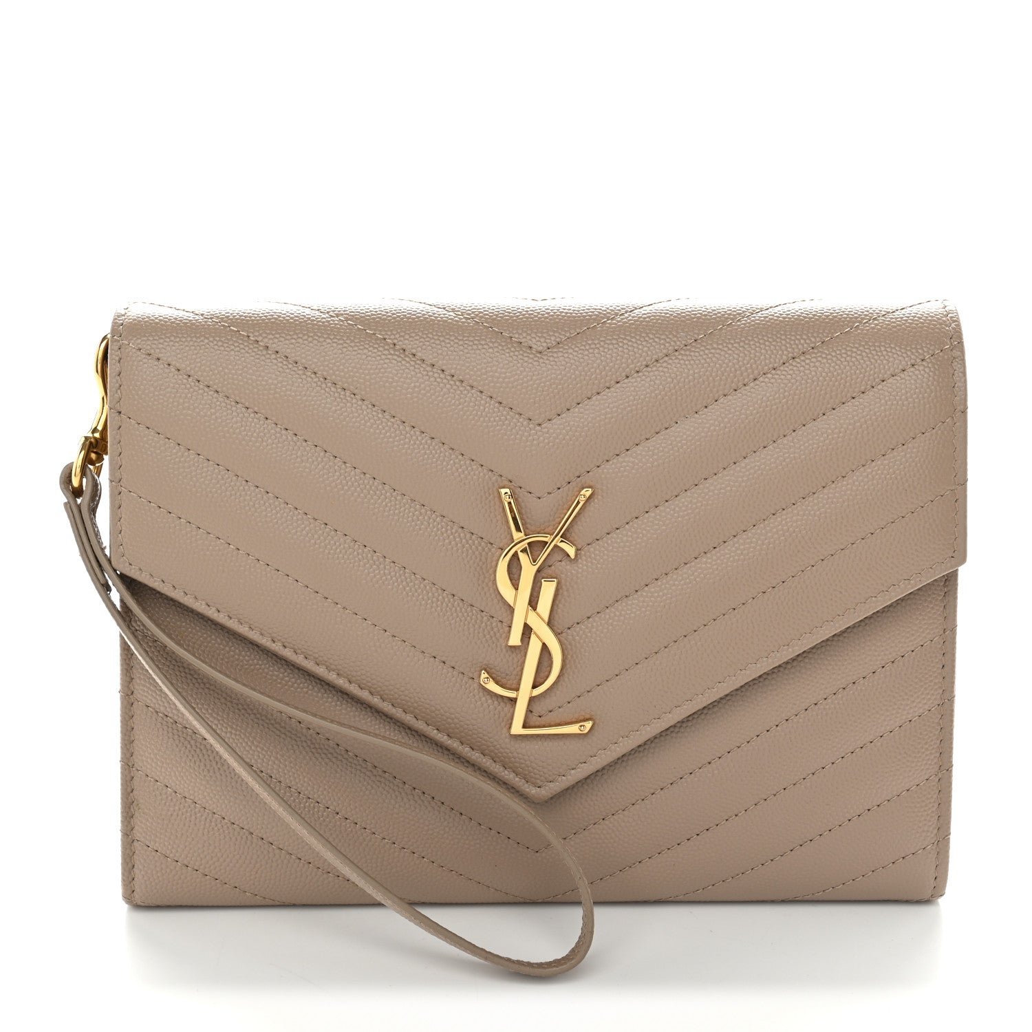 Saint Laurent Grain De Poudre Matelasse Chevron Monogram Envelope Clutch Dark Beige