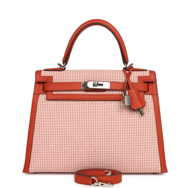 Hermes Pre-owned Hermes Quadrille Kelly Sellier 28 Brique Toile and Terre Battue Swift Palladium Hardware