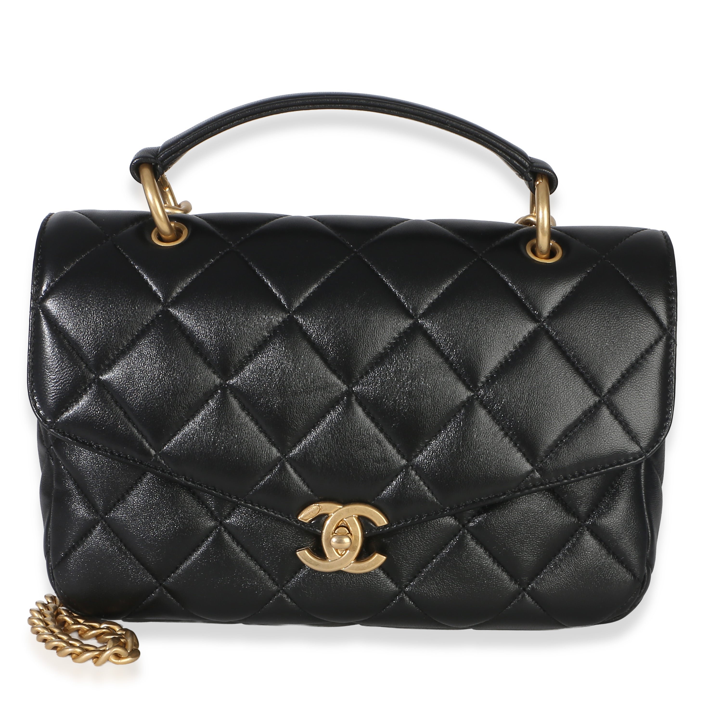 Black Quilted Lambskin Top Handle Envelope Flap Bag