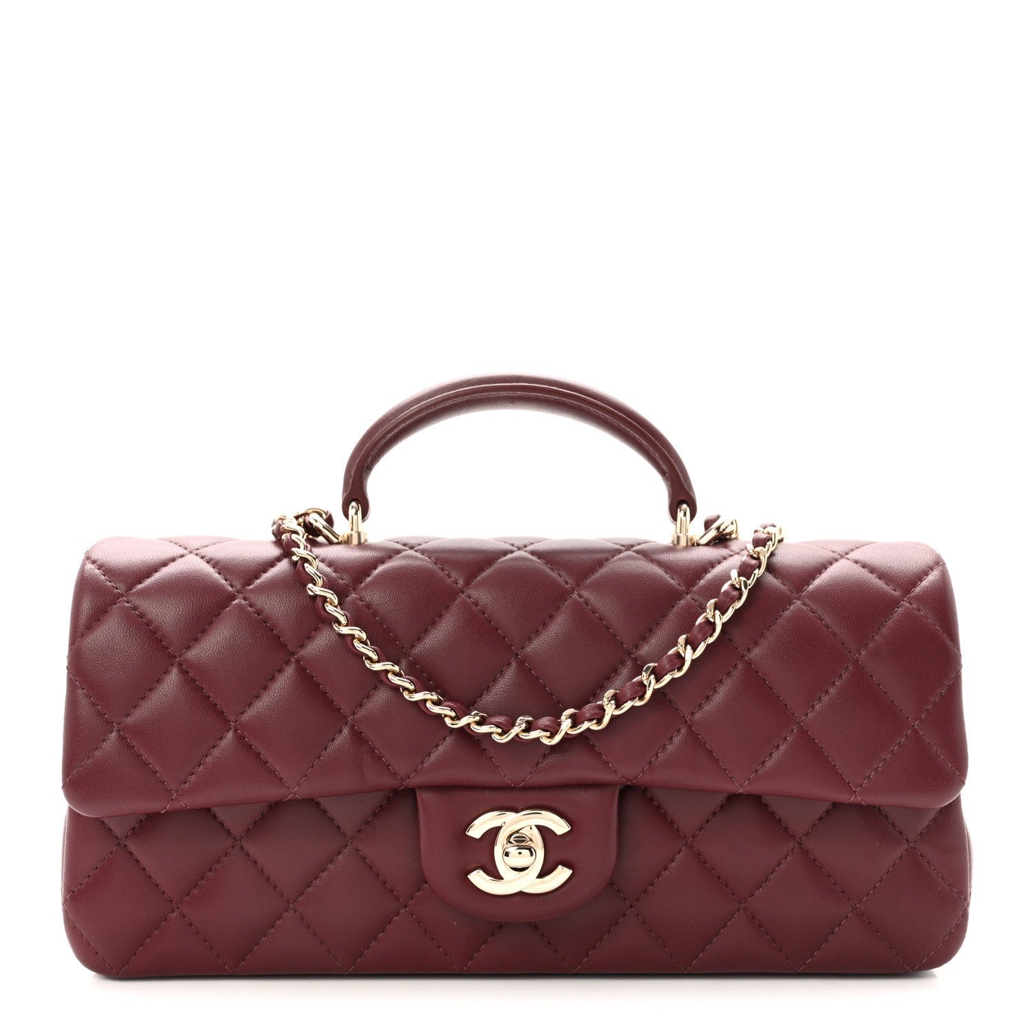 Chanel Lambskin Quilted Top Handle East West Flap Dark Burgundy
