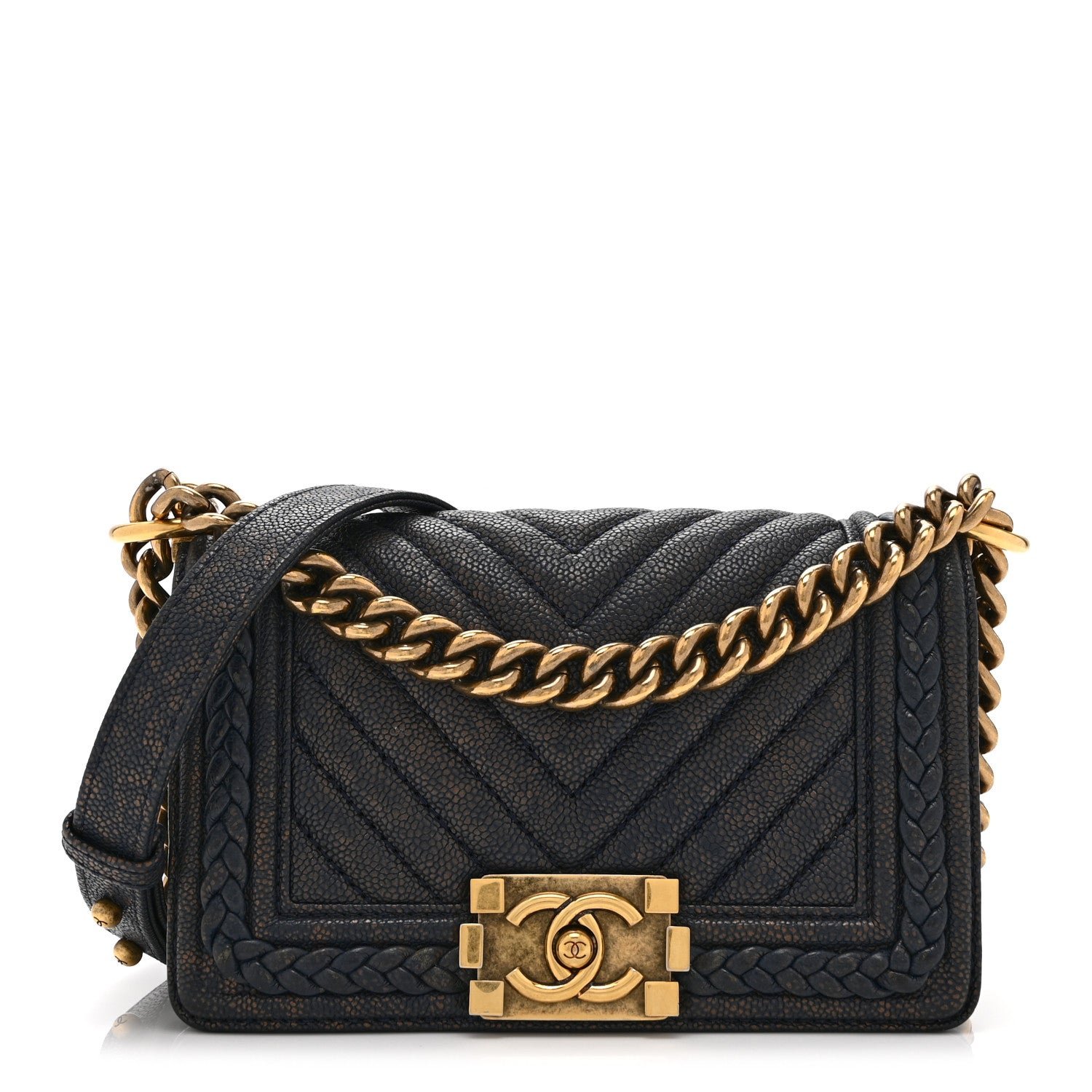 Chanel Patinated Caviar Chevron Braided Small Boy Flap Navy Blue