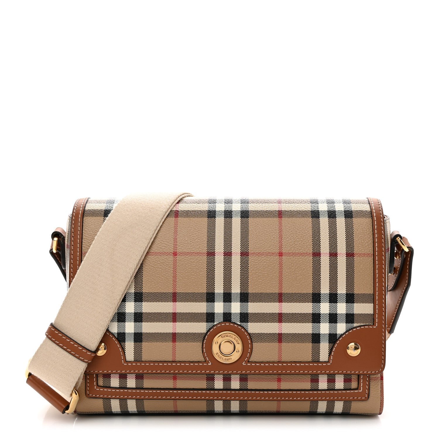Burberry Coated Canvas Calfskin Vintage Check Medium Note Crossbody Bag Briar Brown