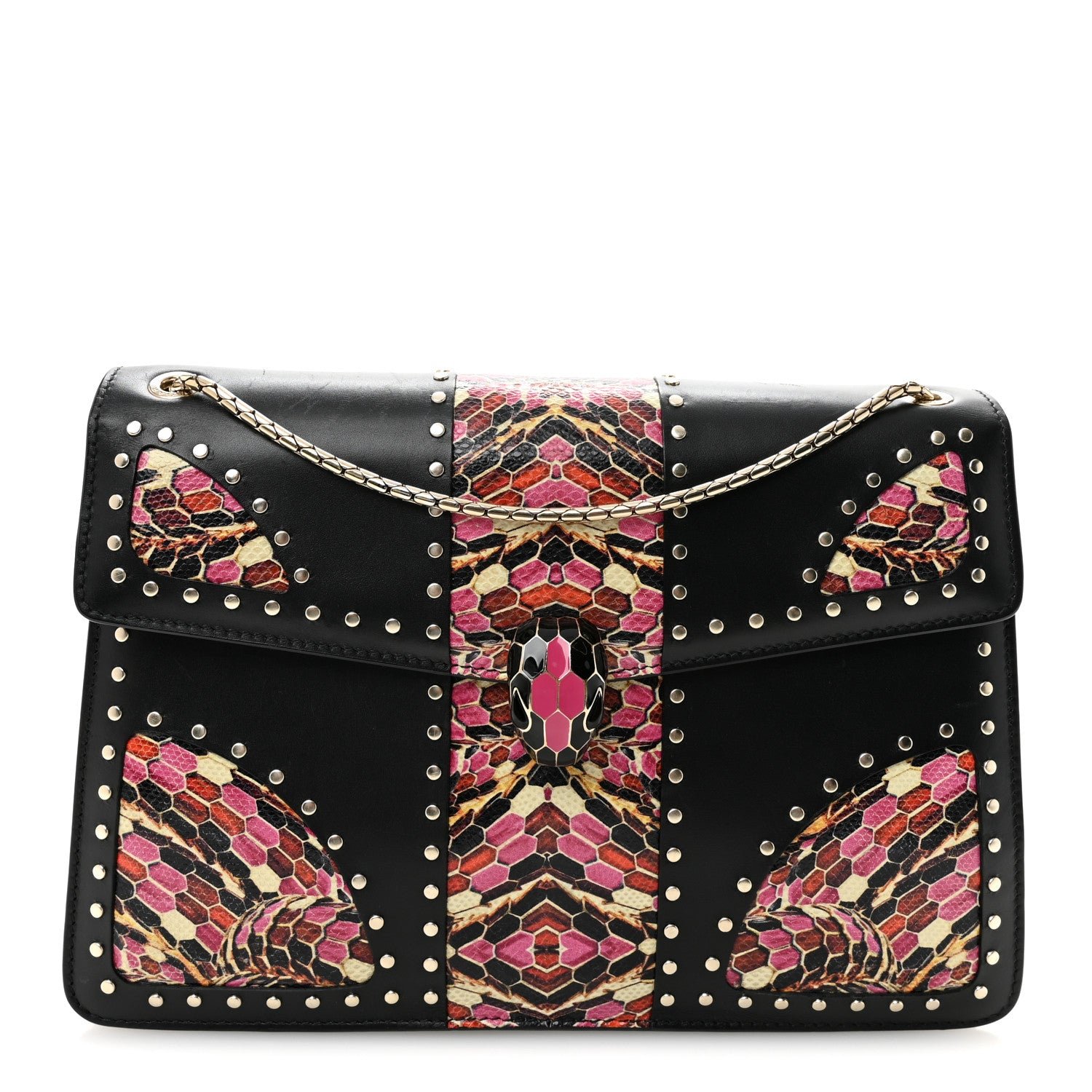 Bulgari Calfskin Karung Studded Serpenti Forever Shoulder Bag Black Pink Multicolor