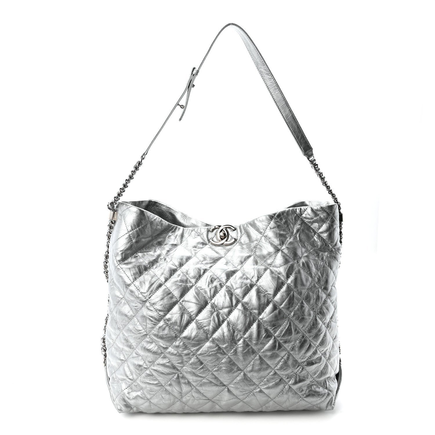 Chanel Metallic Crackled Calfskin Quilted Large Big Bang Hobo Silver