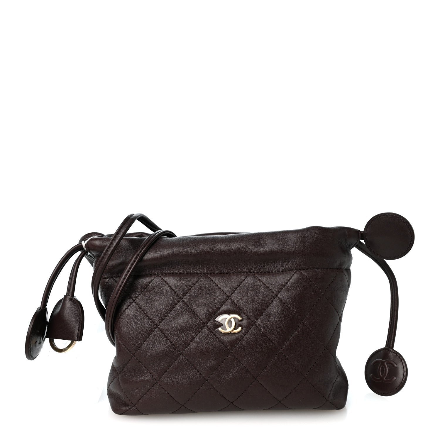 Chanel Lambskin Quilted Drawstring Clutch With Strap Dark Brown