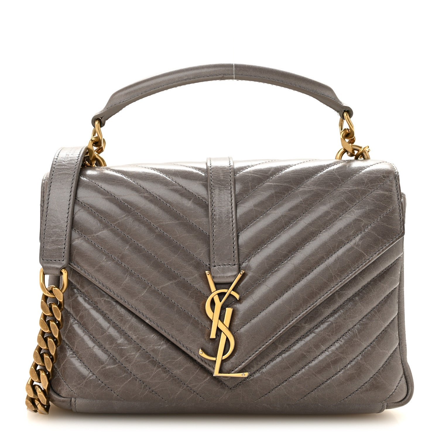 Saint Laurent Waxed Calfskin Matelasse Chevron Medium Monogram College Bag Fog Gray
