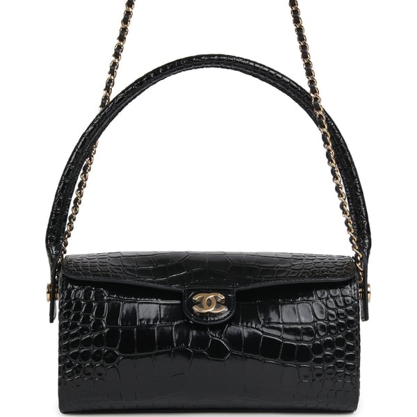Chanel Barrel Clutch Bag with Chain Black Croc Embossed Calfskin Gold Hardware