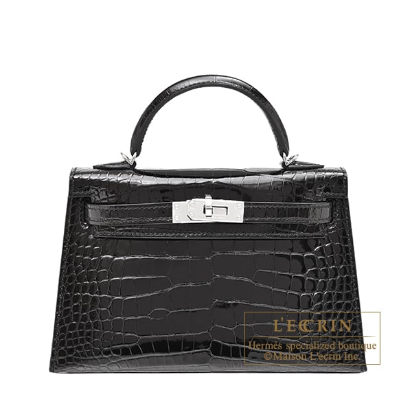 Hermes Kelly bag mini Sellier Black Alligator crocodile skin Silver hardware