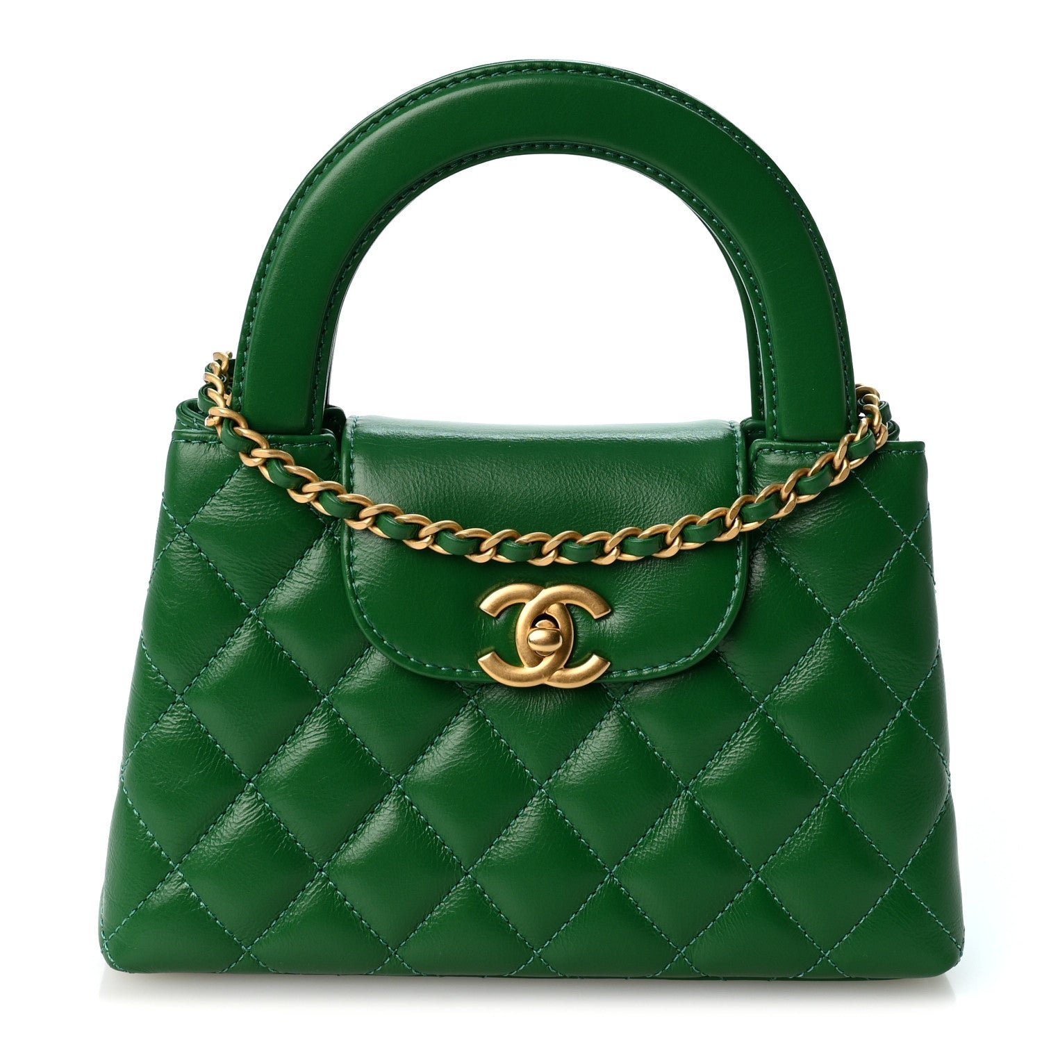 Chanel Shiny Aged Calfskin Quilted Nano Kelly Shopper Green
