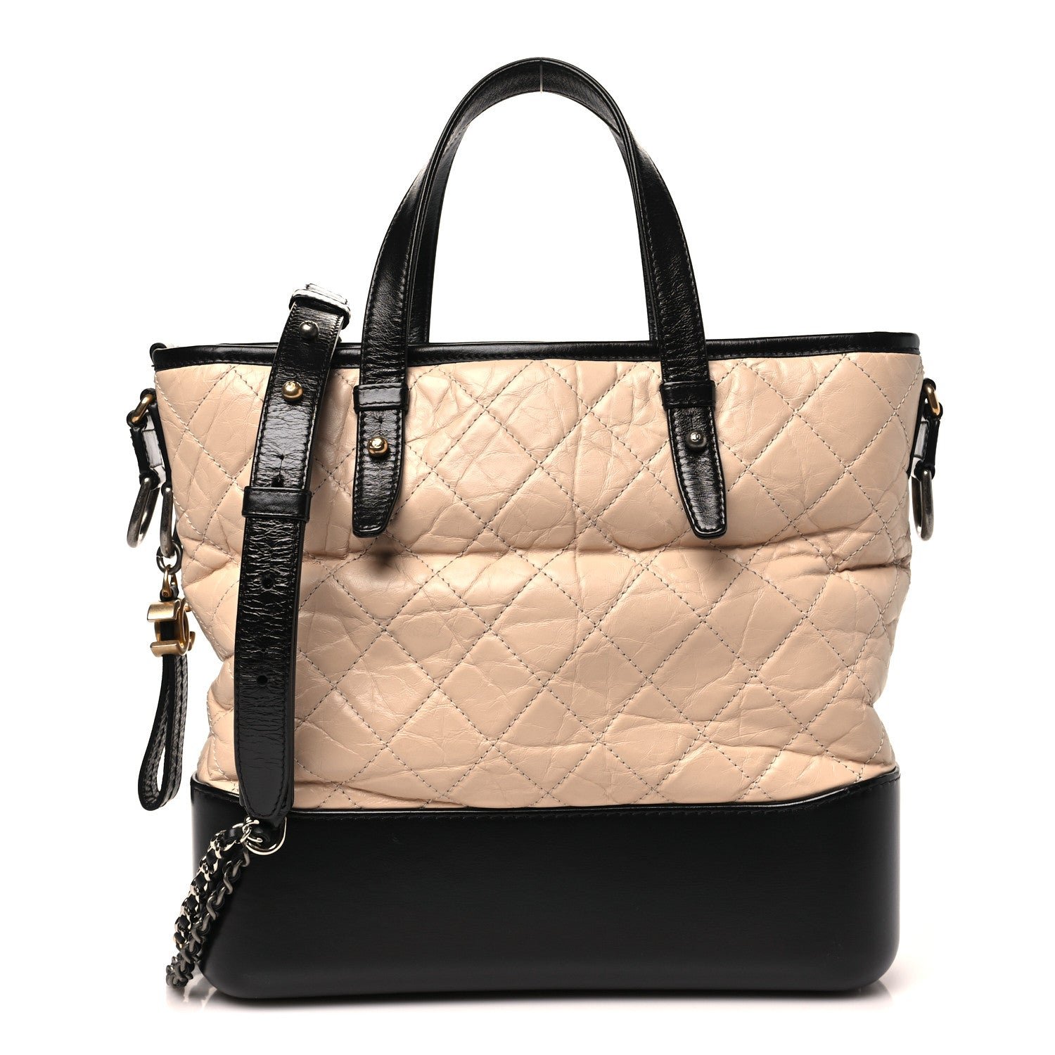 Chanel Aged Calfskin Quilted Medium Gabrielle Shopping Tote Beige Black