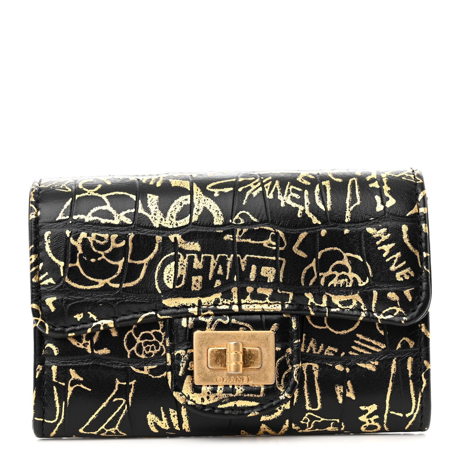 Chanel Calfskin Crocodile Embossed Graffiti 2.55 Cocodile Reissue Flap Card Holder Black Gold
