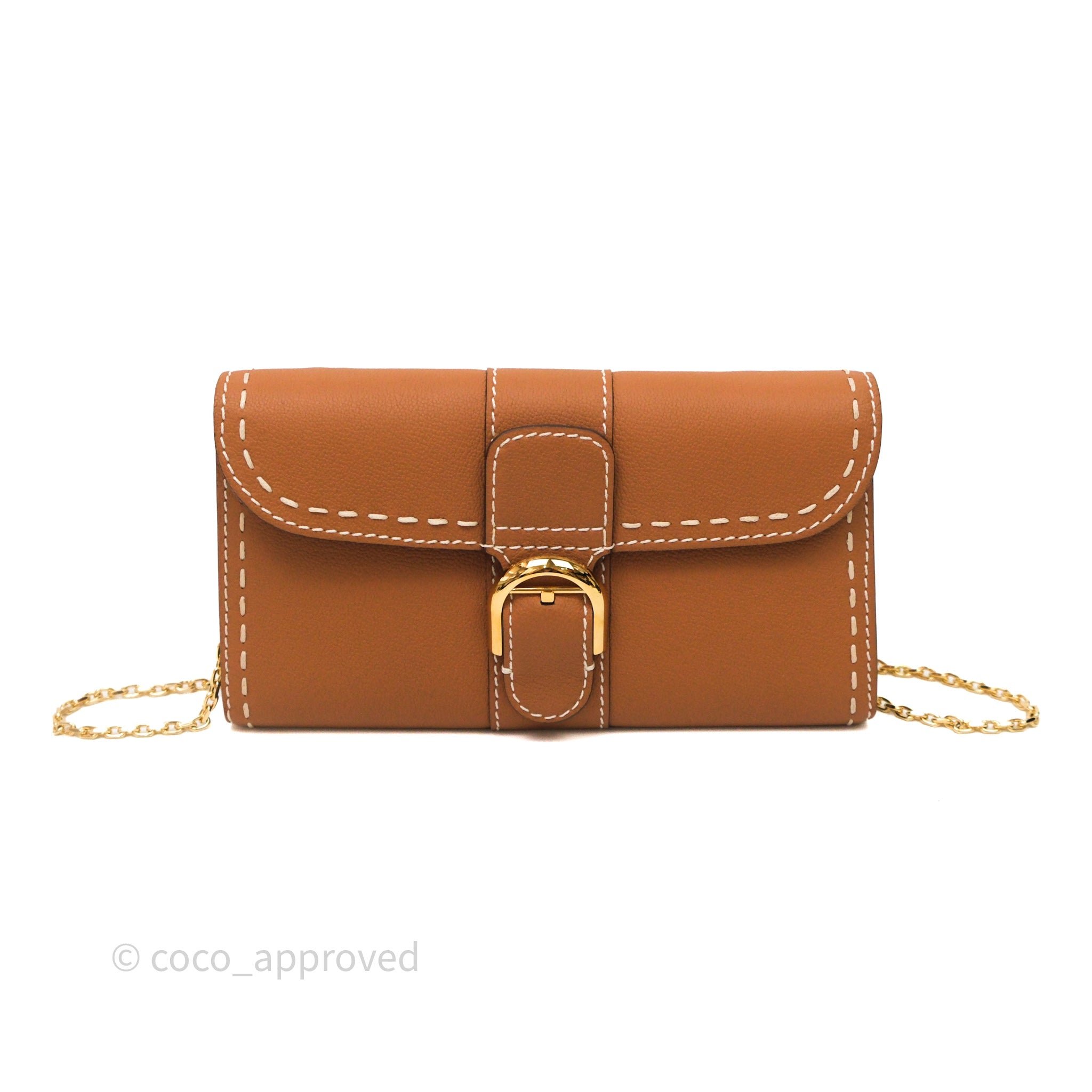 Delvaux Brillant Long Wallet Chain Vegetal Suripique Grained Calfskin Gold Hardware