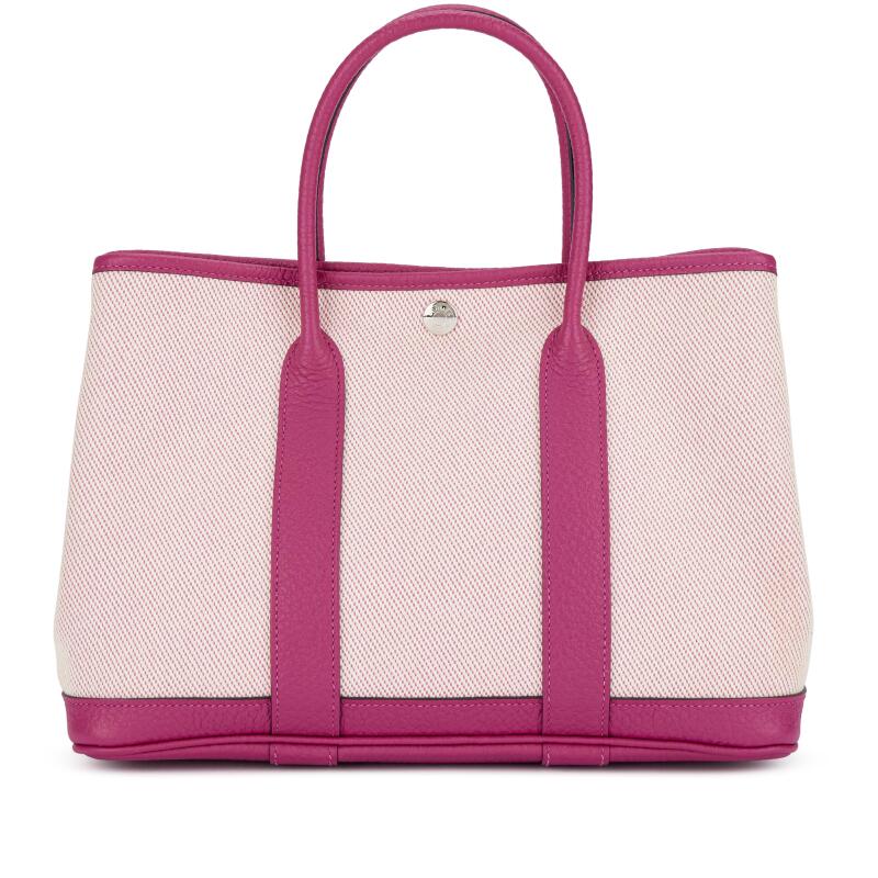 Hermes Rose Pourpore Vache Country and Ecru Toile Garden Party 30 TPM Palladium Hardware, 2018