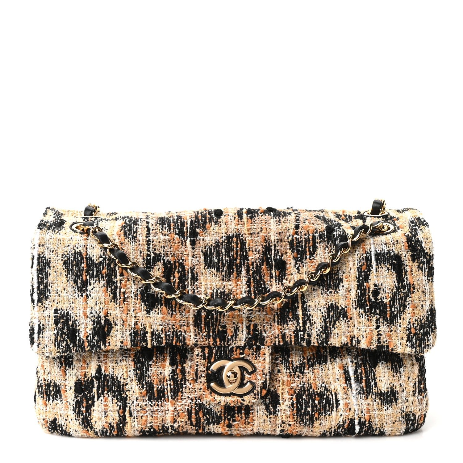 Chanel Tweed Mixed Fibers Leopard Print Small Souplissimo Maxi Flap Brown Black White