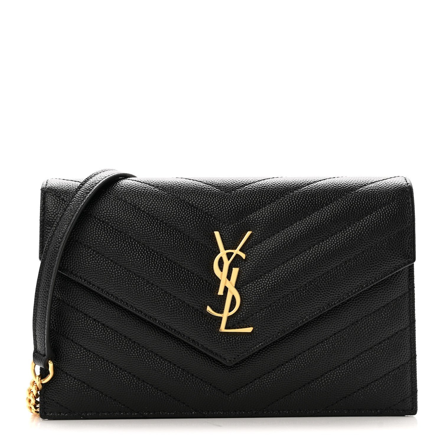 Saint Laurent Grain De Poudre Matelasse Chevron Monogram Envelope Chain Wallet Black