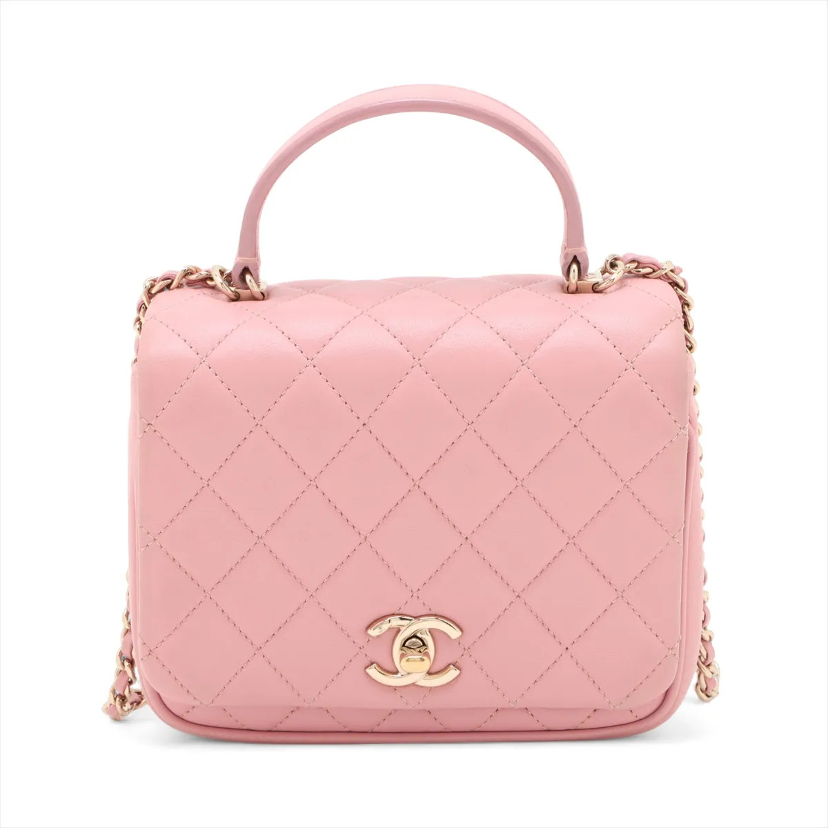 Chanel Matelasse Lambskin 2 Way Shoulder Bag Top Handle Pink Gold Metal Fittings