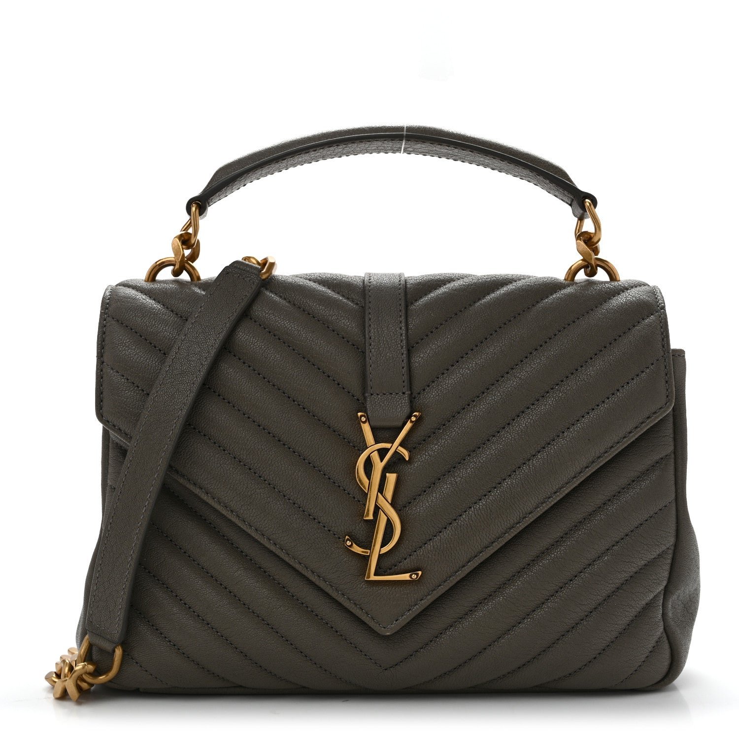 Saint Laurent Sheepskin Matelasse Chevron Monogram Medium College Bag Grey Kaki