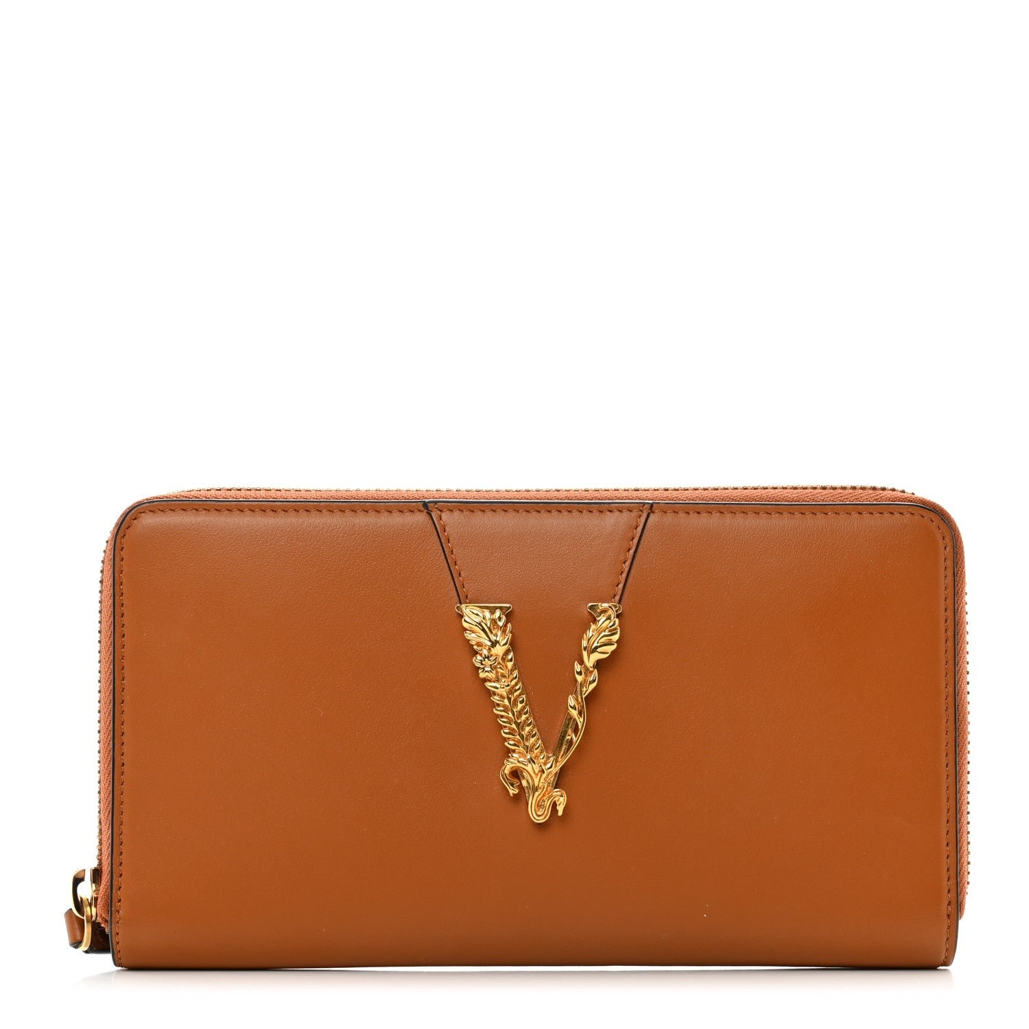Versace Vitello Virtus Zip Around Wallet Caramel