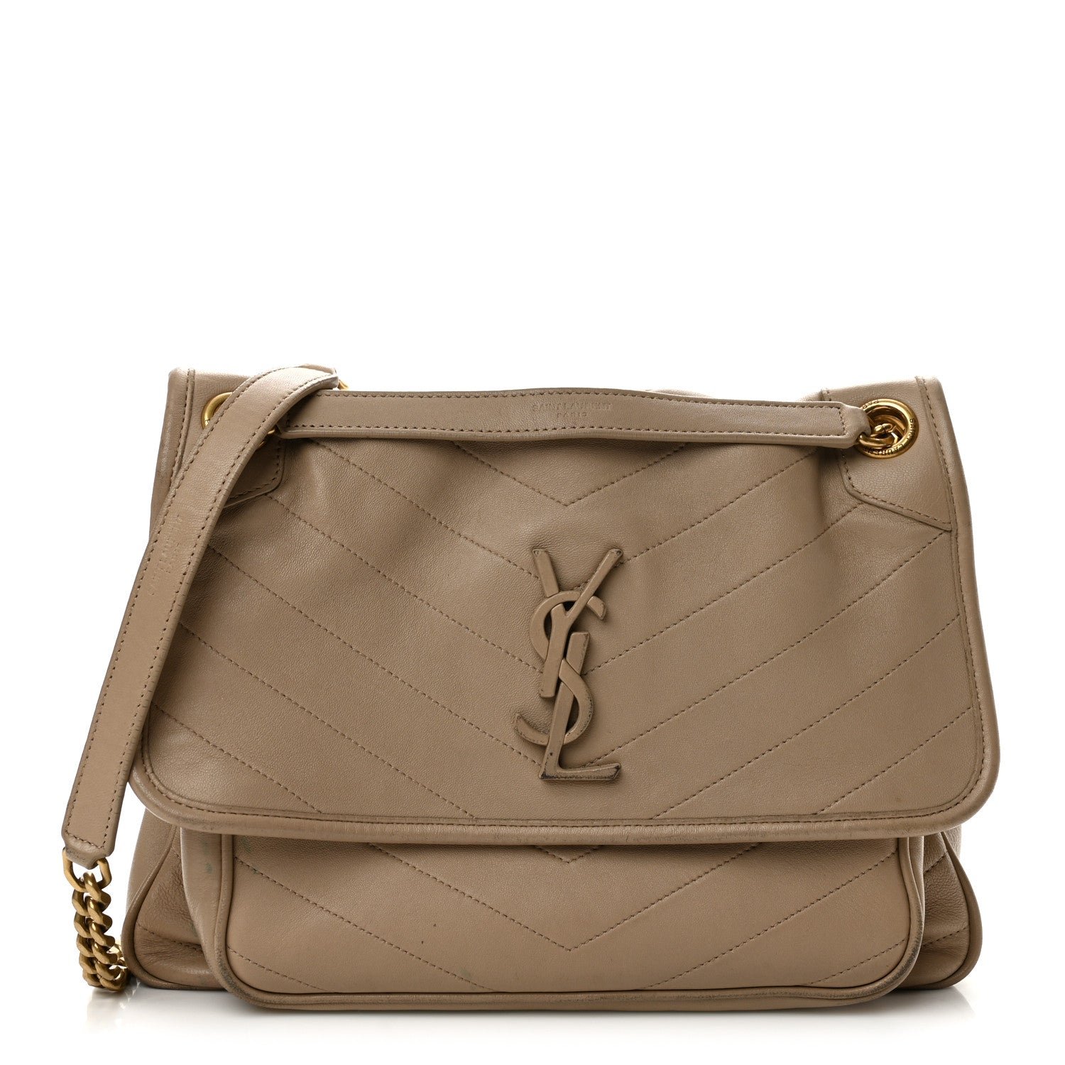 Saint Laurent Lambskin Matelasse Monogram Medium Niki Chain Satchel Dark Beige