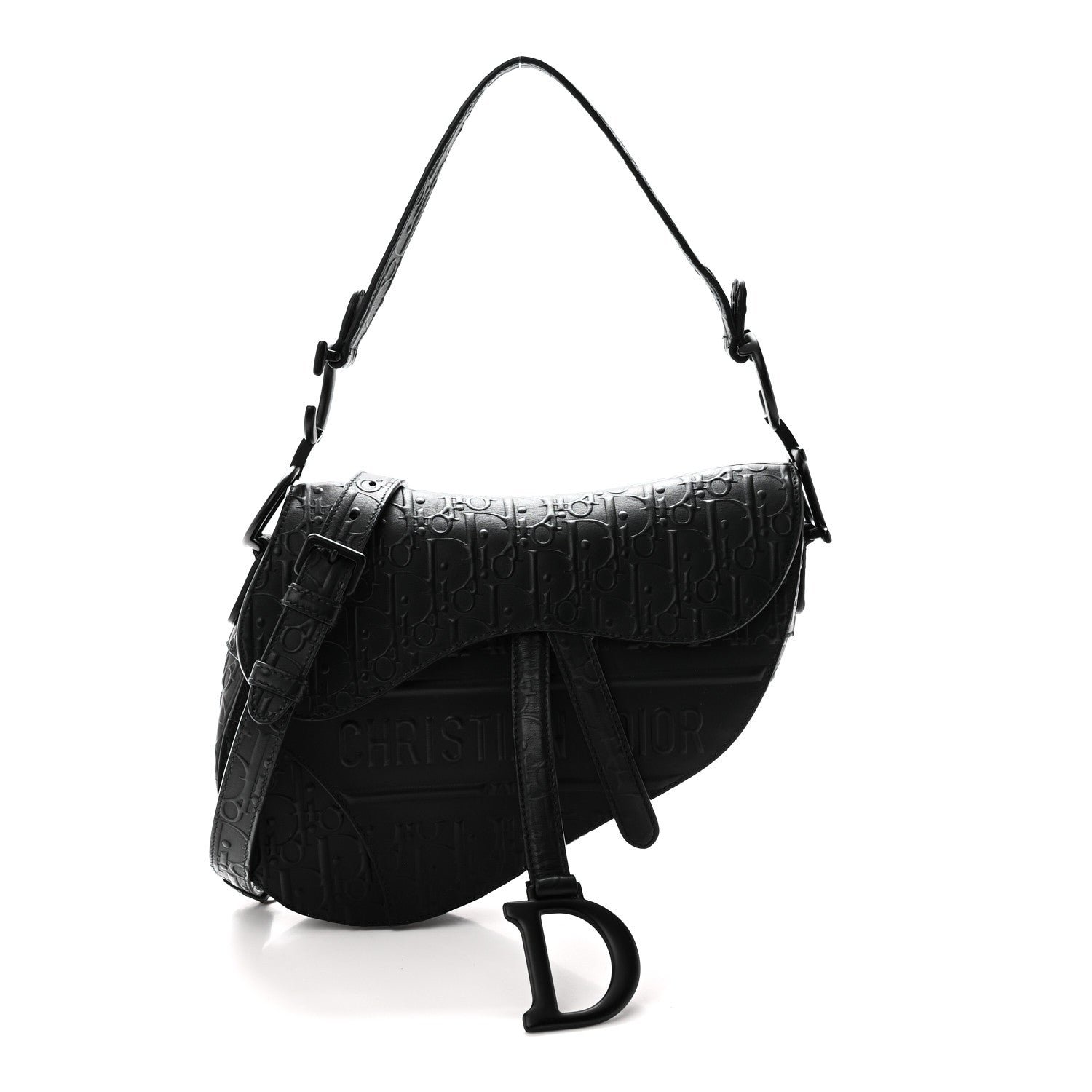 Christian Dior Calfskin Embossed Oblique Saddle Bag With Strap Black