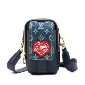 Louis Vuitton Virgil Abloh NIGO Blue Monogram Denim & Leather Flat Double Phone Pouch Gold Hardware, 2021