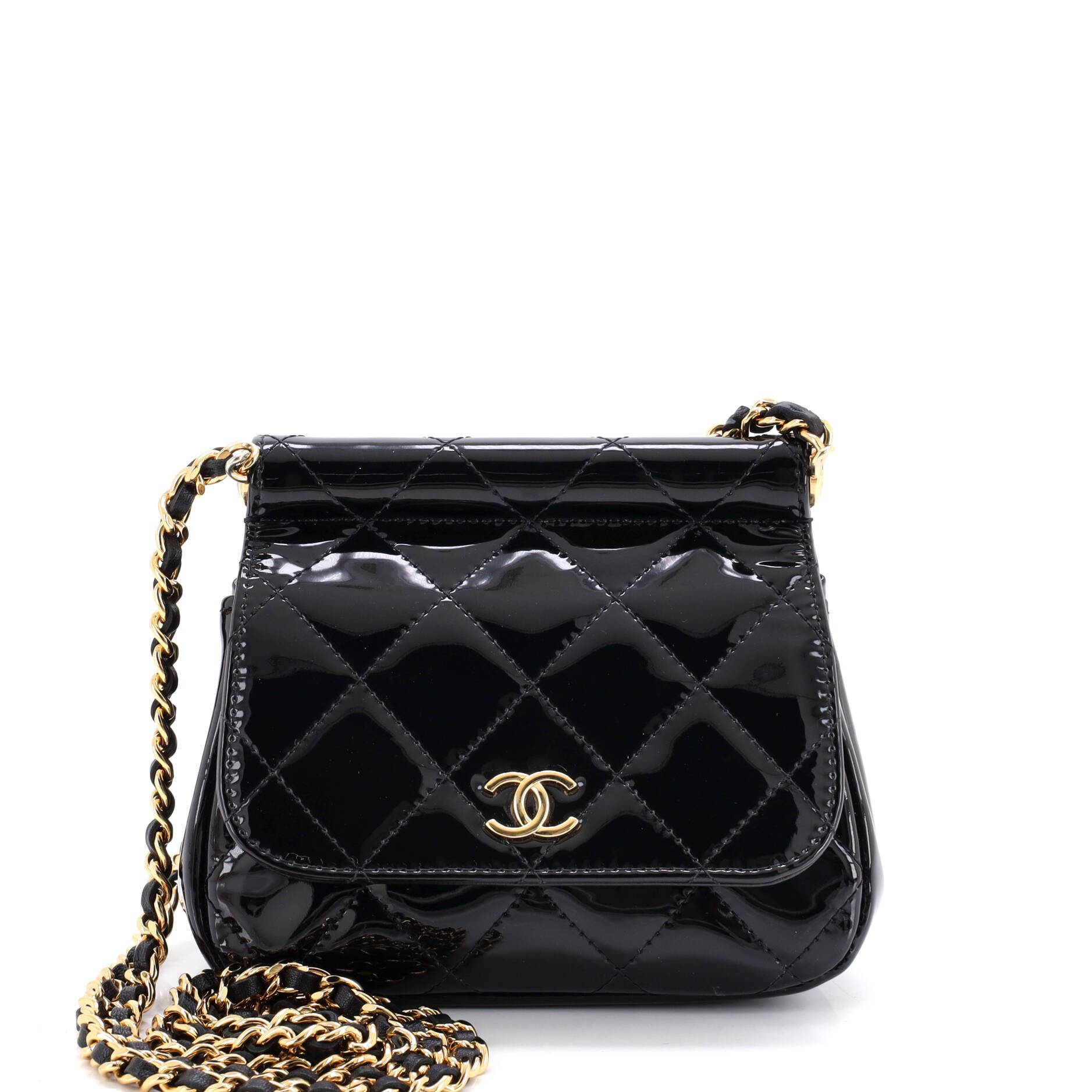 CC Frame Flap Clutch with Chain Quilted Patent