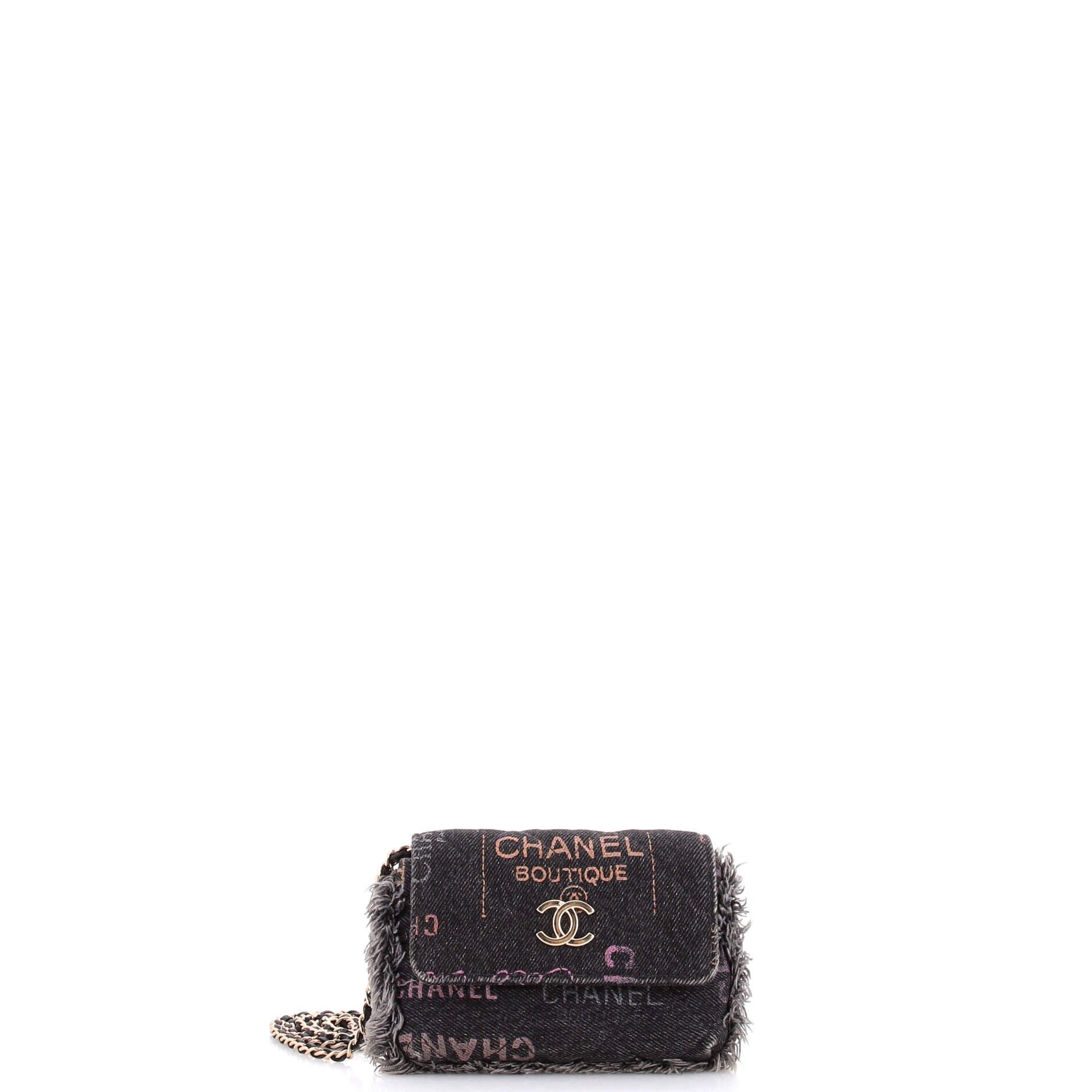 Denim Mood Flap Clutch with Chain Logo Printed Quilted Fringe Denim