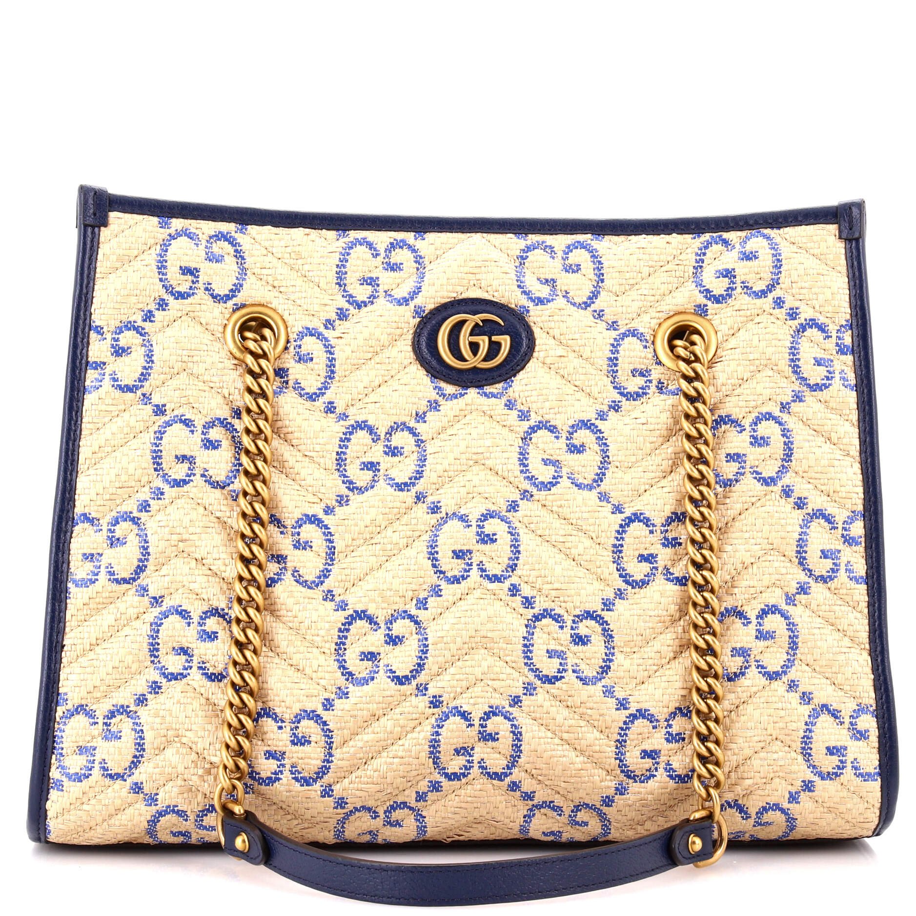 GG Marmont Aria Chain Shopping Tote Jumbo GG Matelasse Raffia Medium