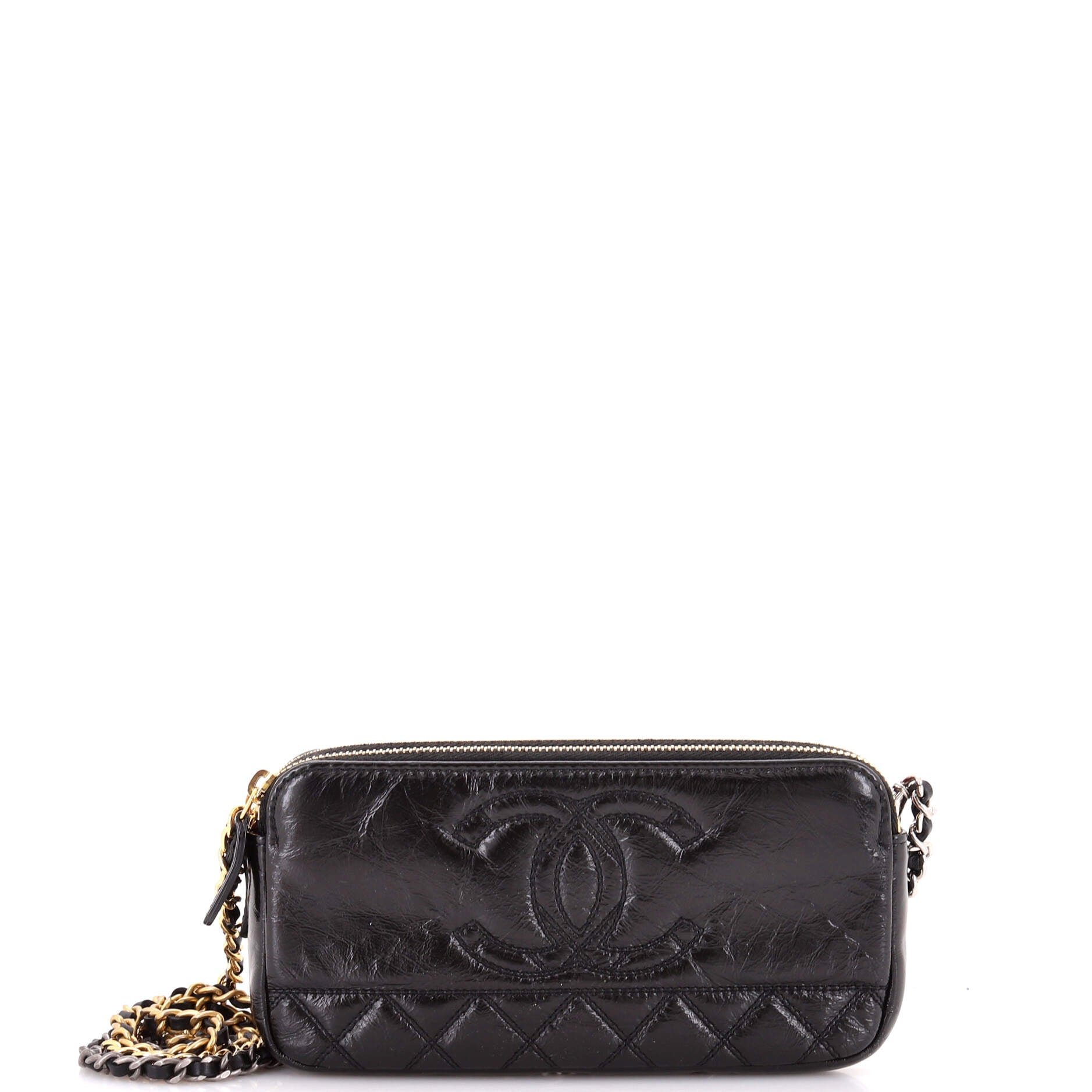 CC Double Zip Clutch with Chain Quilted Glazed Aged Calfskin