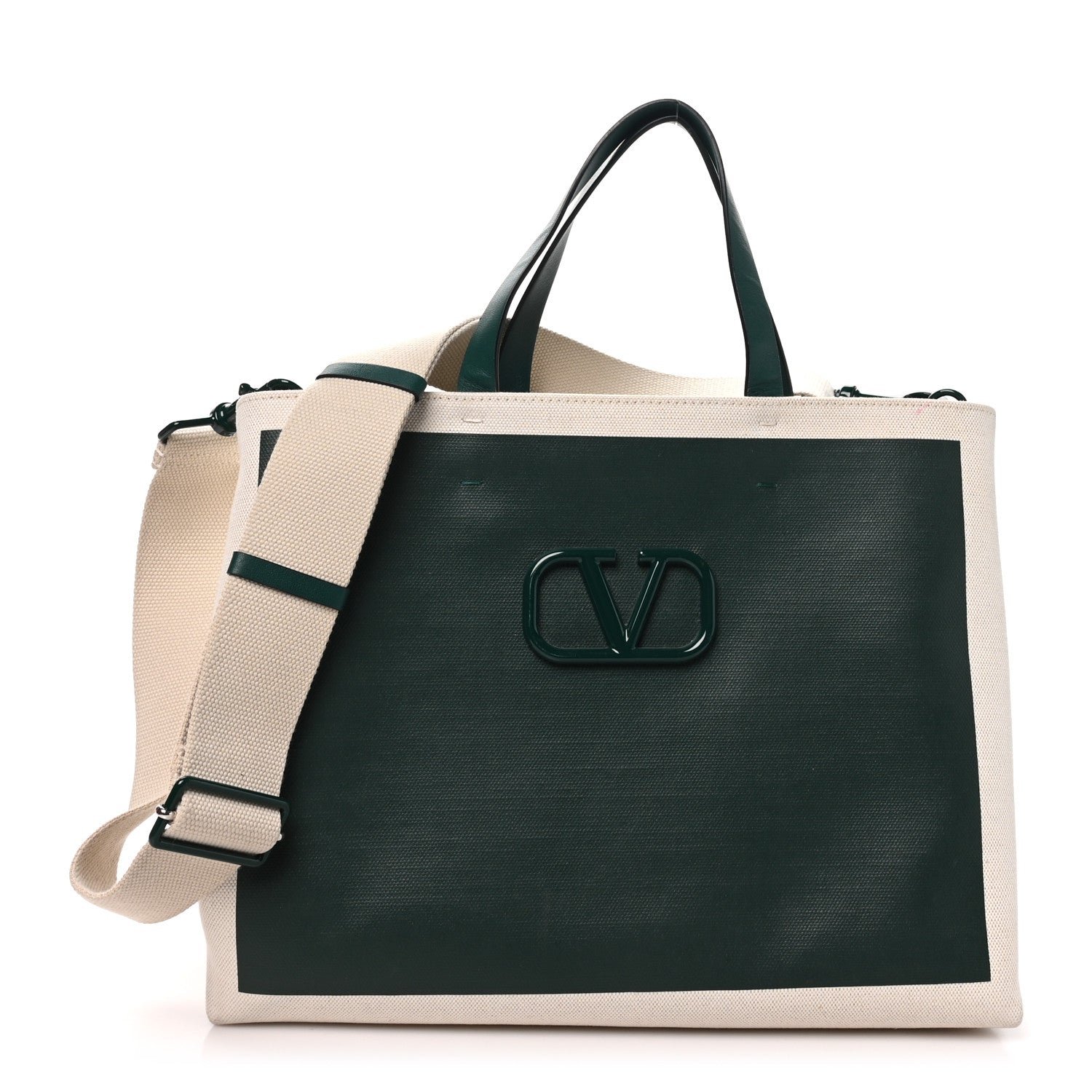 Valentino Garavani Canvas Calfskin Vlogo Tote  Natural Green