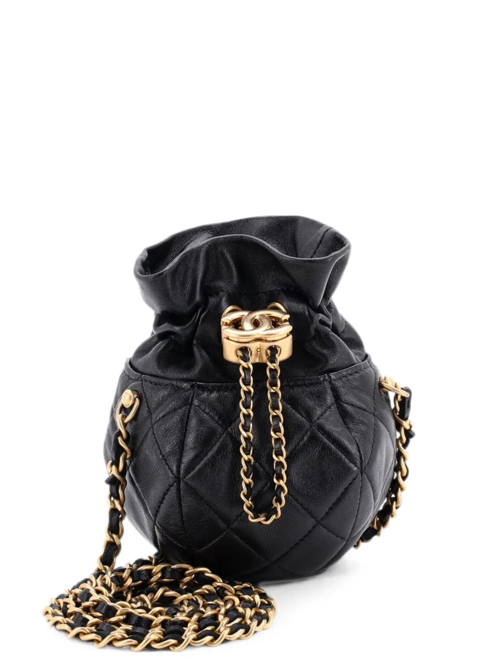 Drawstring CC Round Bucket Clutch with Chain Quilted Lambskin Mini crossbody bag